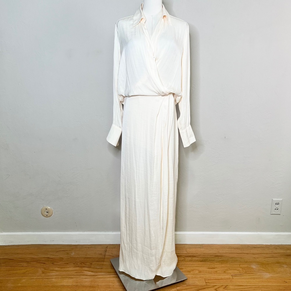 Free People Maxi Dress Aida Wrap Long Sleeve Size 2 Ivory Satin Collared Formal